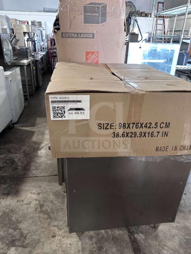 Atosa ACHP-6 gas hot plate in box, new, 6 burners, model ACHP-6, heavy-duty restaurant equipment, dimensions indicated.