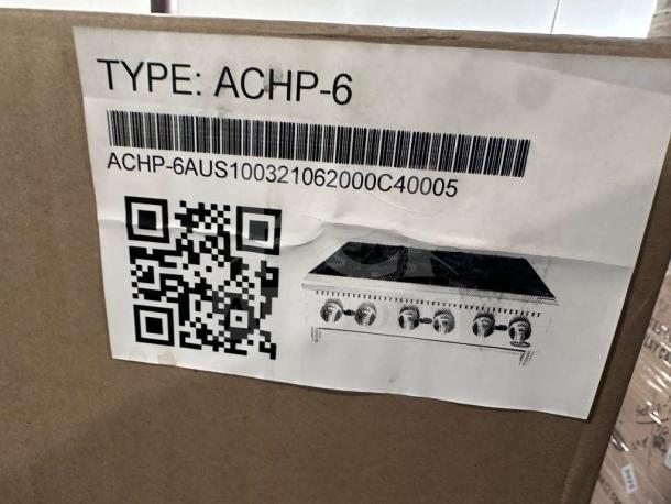 New Atosa ACHP-6 commercial gas hot plate box with barcode, QR code, and item sketch on label. Model: ACHP-6.
