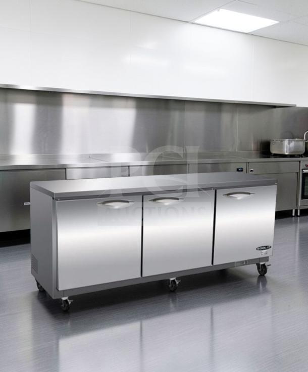 Brand new Ikon IUC72R commercial undercounter refrigerator, 72" stainless steel, 3 doors, ETL & NSF listed, on wheels.
