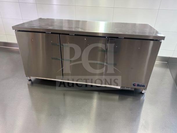 Brand new Ikon IUC72R commercial undercounter refrigerator, 72-inch stainless steel, 3 doors, ETL & NSF listed.