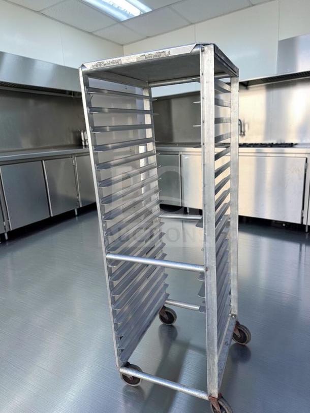 Commercial aluminum full-size sheet pan rack, 20 pan capacity, heavy-duty with casters, premium condition, model ALU-M-RCK-0575.