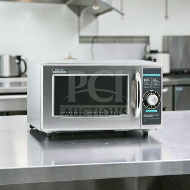Sharp R-21LCFS commercial microwave oven, stainless steel, dial control, 1000W, excellent condition, fully tested, 120V.