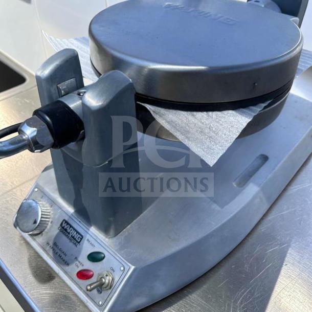 Waring WW180X Commercial Belgian Waffle Maker, single grid, 120V, heavy-duty, fully operational with control panel and indicators.