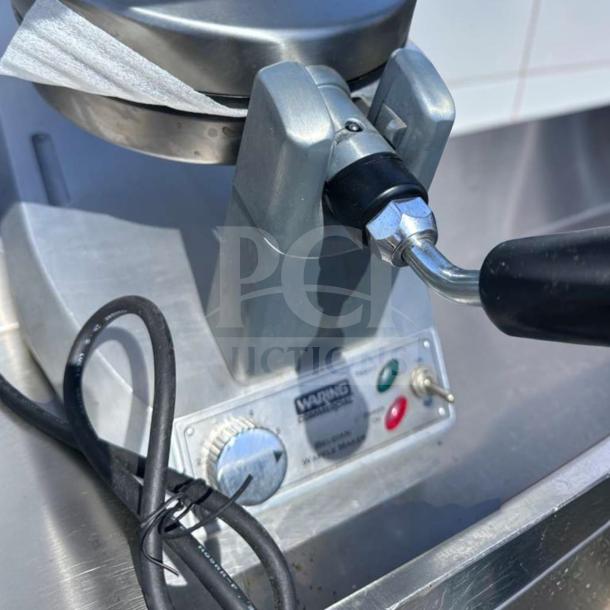 Waring WW180X Belgian waffle maker, prime condition, single grid, 120V, heavy duty, fully operational, control panel visible.