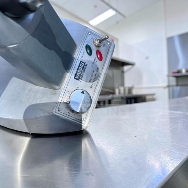 Waring WW180X Commercial Belgian Waffle Maker, single grid, heavy-duty, 120V, tested, in prime condition, control panel shown.