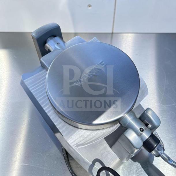 Waring WW180X Belgian Waffle Maker, single grid, 120V, heavy duty, stainless steel, excellent condition, visible branding.