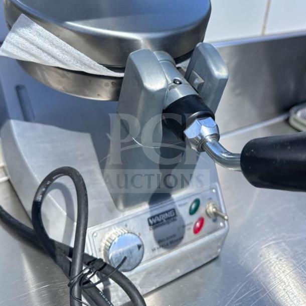 Waring WW180X Commercial Belgian Waffle Maker, single grid, 120V, heavy-duty, excellent condition, controls and label visible.