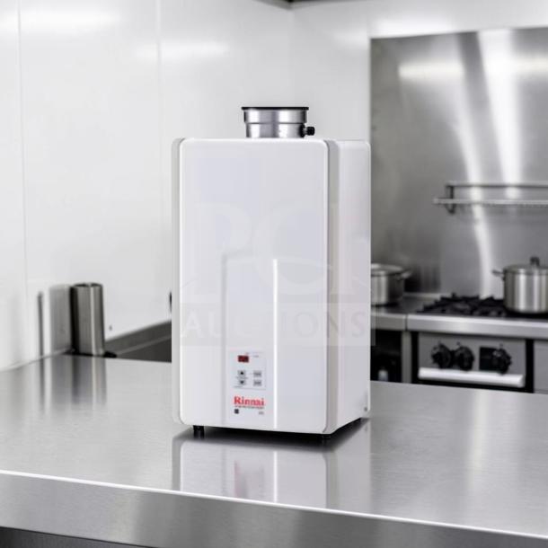 Rinnai V75iN tankless water heater, 7.5 GPM, 180,000 BTU, natural gas, indoor use, top-tier condition, fully tested, model RIN-M-TWH-0901.