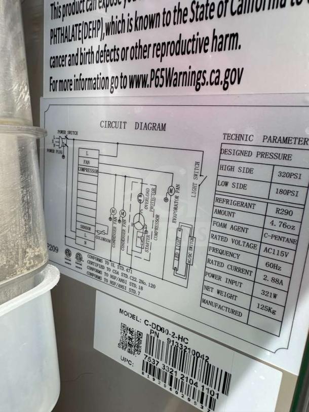 Migali C-DD60-2-HC kegerator label showing model, voltage, refrigerant type R290, and technical diagram.