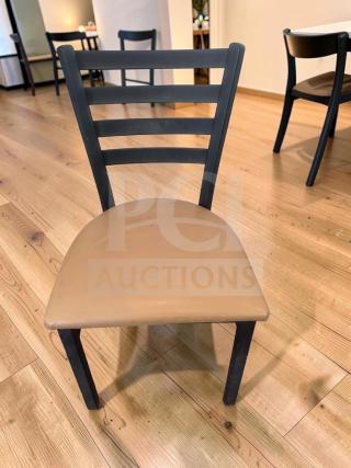 Ladder back dining chair with black metal frame and padded vinyl seat. Prime condition, set of 5, commercial use.