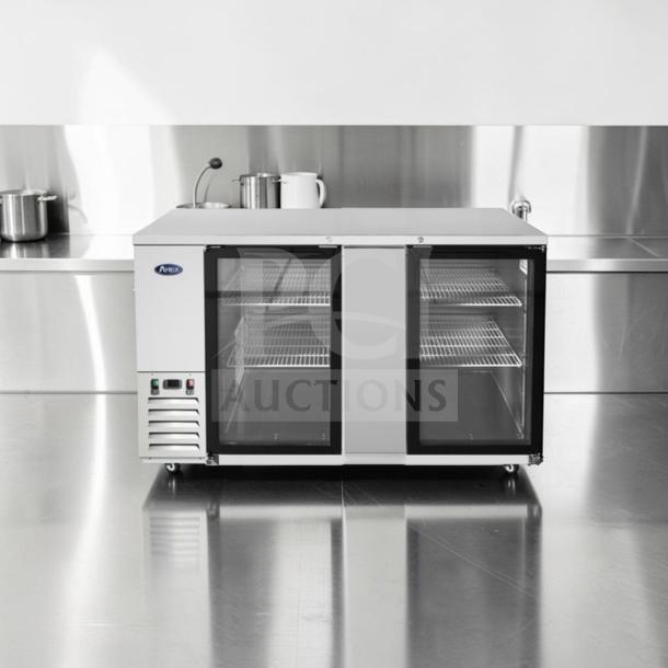 Atosa MBB69GGR 68" back bar refrigerator, double glass doors, stainless steel, 115V, excellent condition, fully tested.