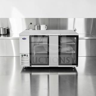 Atosa MBB69GGR 68" back bar refrigerator, double glass doors, stainless steel, 115V, excellent condition, fully tested.