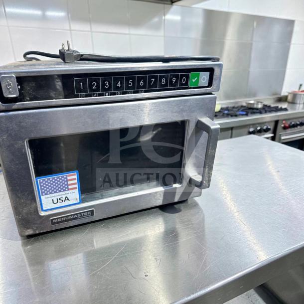 Amana Menumaster MDC182 Commercial Microwave, 1800W, 208-240V, buttons 1-9 and check mark, excellent condition, USA-made label.