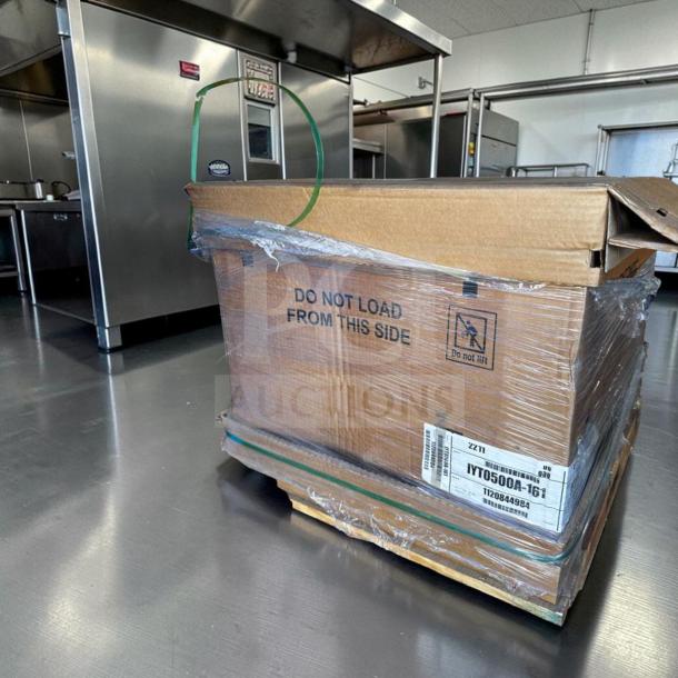 Brand New Manitowoc IYT0500A Indigo NXT Ice Machine in packaging, 550 lb production, UL Listed, 115V/1PH, model visible.