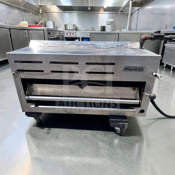 Elite Condition Imperial IRSB-36NG commercial salamander broiler, 36" infrared natural gas, heavy-duty, fully operational.