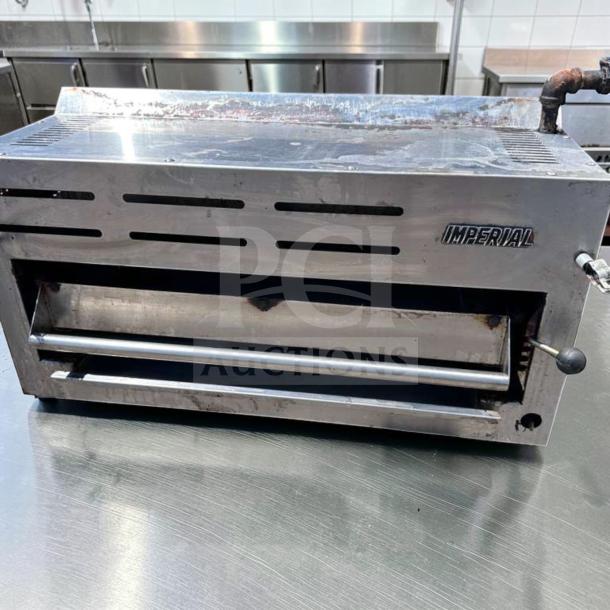 Imperial IRSB-36NG Commercial Salamander Broiler, stainless steel, 36", infrared natural gas, excellent condition, tested.