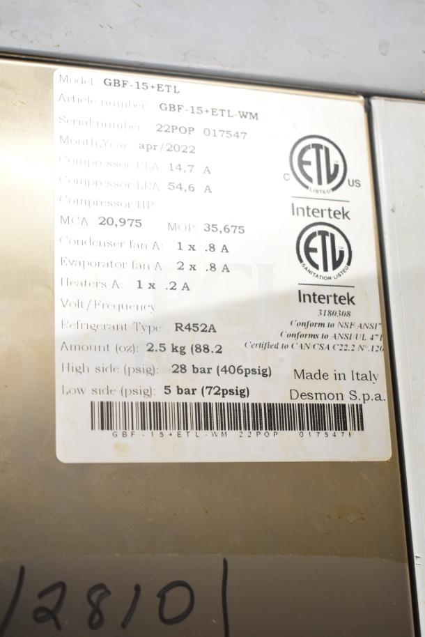 2022 Desmon GBF-15+ETL stainless steel blast chiller, 4 probes, commercial casters, 220V, 3 phase, ETL certified. Made in Italy.