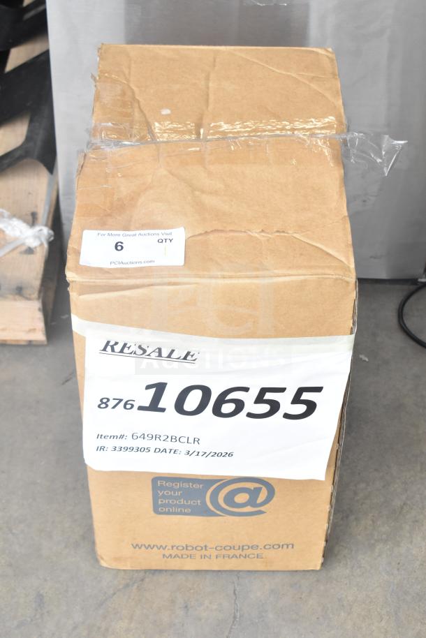 Cardboard box labeled with Robot Coupe R2BCLR 3 Qt. Food Processor, 1 hp, 120V, 1 Phase. Minor box wear visible.