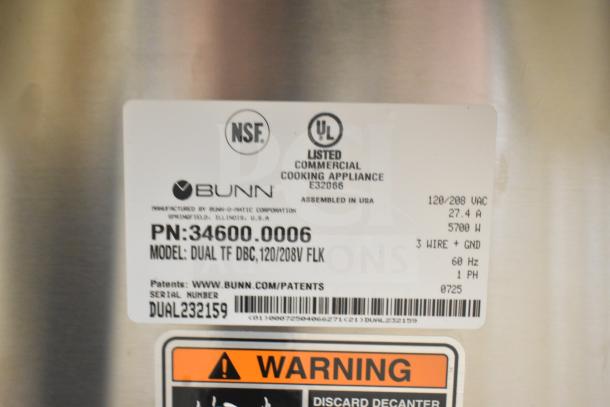 Bunn DUAL TF DBC brewer model 34600.0006 label, showing NSF and UL certifications with voltage and wattage details.