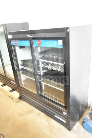 True GDM-41SL-54-HC-LD commercial cooler, 2 glass doors, black exterior, internal shelving, 115V, 1 phase.