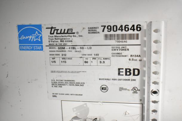 True GDM-41SL-60-LD 2 Door Cooler; Energy Star; 115V; 1 Phase; Serial No. 7904646; Refrigerant R134A; NSF Certified.
