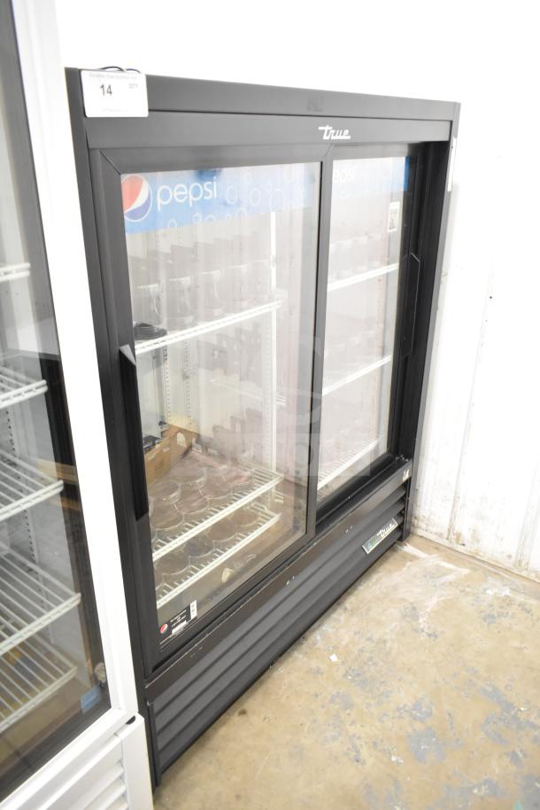 True GDM-41SL-54-HC-LD 2 door reach-in cooler merchandiser, 115V, black frame, glass sliding doors, brand label visible.