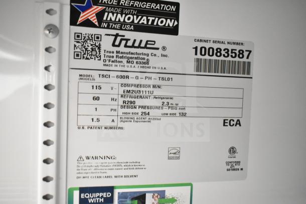 2020 True TSCI-600R-G-PH Single Door Cooler, 115V, 1 Phase. Model label with specs, compressor, refrigerant details.