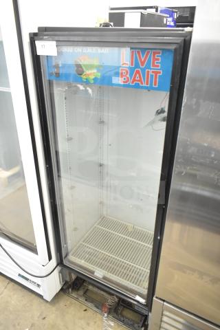 True GDM-12 commercial single door cooler merchandiser, 115 volts, 1 phase, glass door, live bait sign, interior shelving.