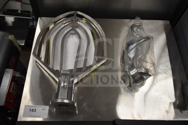 2 brand new items: Hobart 00-874654 beater paddle, Estella 348PSM23HOOK dough hook for SM20/SM30 mixers, packaged.