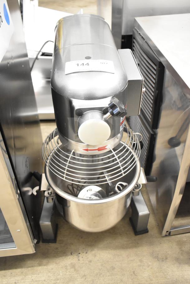 New Avantco 177MX10H 10 Quart Dough Mixer showing bowl, guard, paddle, and whisk. Includes scratch and dent label.