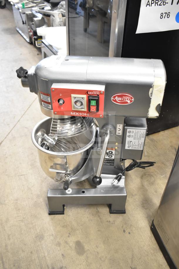 Brand new Avantco 177MX10H 10 Qt. planetary mixer with bowl, guard, paddle, and whisk. 120V, minor scratches.