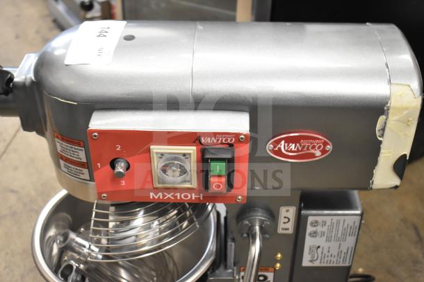 Brand new Avantco 177MX10H commercial countertop 10-quart planetary dough mixer with mixing bowl, bowl guard, paddle, and whisk; 120V, 1 Phase.