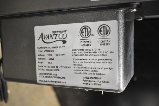 Avantco 177MX10H Commercial Mixer label, 10 Qt, 120V, 1PH, ETL certified, commercial use, made in China.