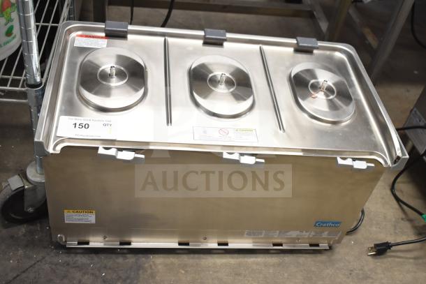 Crathco SR-35-16-290 beverage machine, stainless steel base, 120V, 1 Phase, scratch and dent condition, visible caution labeling.