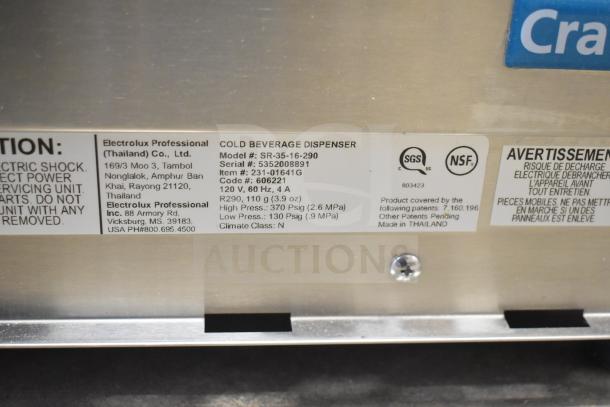 Crathco SR-35-16-290 Refrigerated Beverage Machine Base, new, scratch and dent, 120V, 1 phase, model label visible.