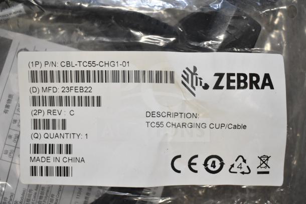 4 Zebra TC55 Charging Cup/Cables, brand new in packaging. Part number CBL-TC55-CHG1-01. Made in China, MFD: 23FEB22.