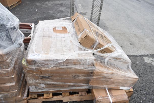 Pallet with 6 new scratch and dent items, includes mop sink, wire shelves, mixer table. Boxes wrapped in plastic, auction lot APR26-166.