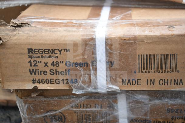 Cardboard box labeled "Regency Space Solutions 12"x48" Green Epoxy Wire Shelf #460EG1248," showing slight wear.