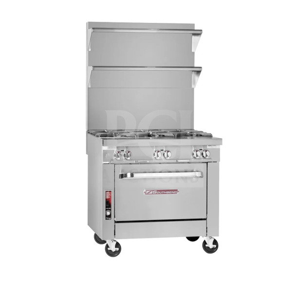 Southbend P36DXX 36" 4-burner stainless steel natural gas range/oven combo, new in box, on casters, Model SN: 22K83344.