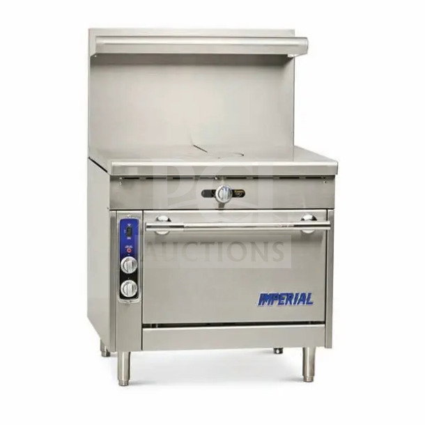 Brand new Imperial IHR-2FT commercial stainless steel 2-burner French top range/oven, natural gas, with ring cover.