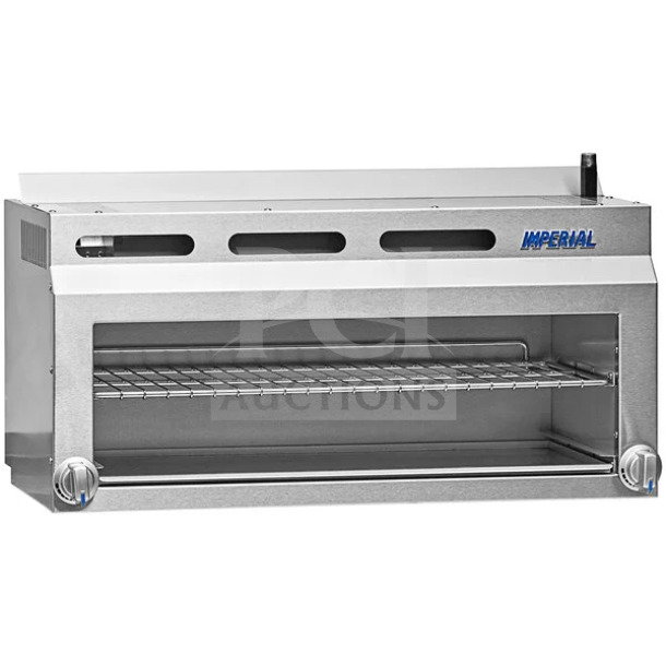 Brand new Imperial IHCM36 stainless steel cheese melter, 36" countertop, natural gas, infrared burner, heavy-duty.