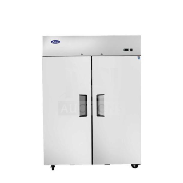BRAND NEW Atosa stainless steel 2-door reach-in refrigerator, Model MBF8005GR, on casters, in original box.
