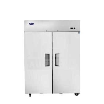 BRAND NEW Atosa stainless steel 2-door reach-in refrigerator, Model MBF8005GR, on casters, in original box.