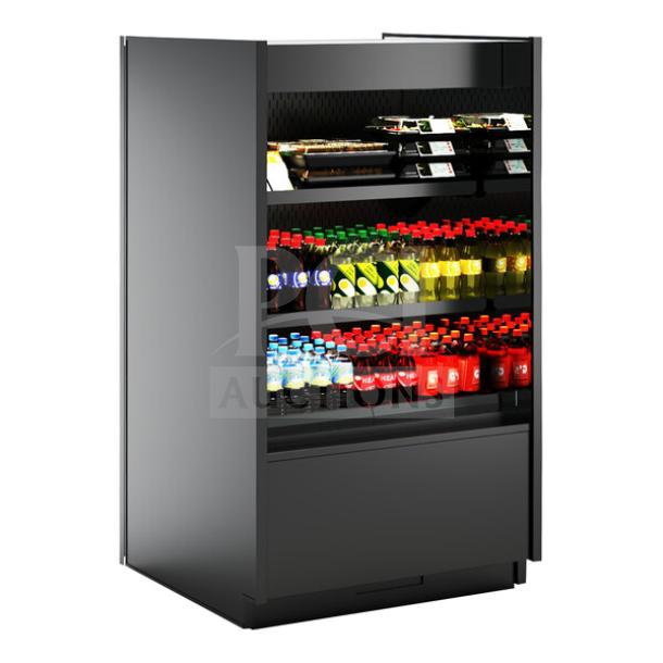 BRAND NEW Structural Concepts B45R commercial black 3-tier refrigerated air curtain merchandiser with pull-down night curtain.