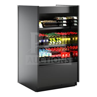 BRAND NEW Structural Concepts B45R commercial black 3-tier refrigerated air curtain merchandiser with pull-down night curtain.