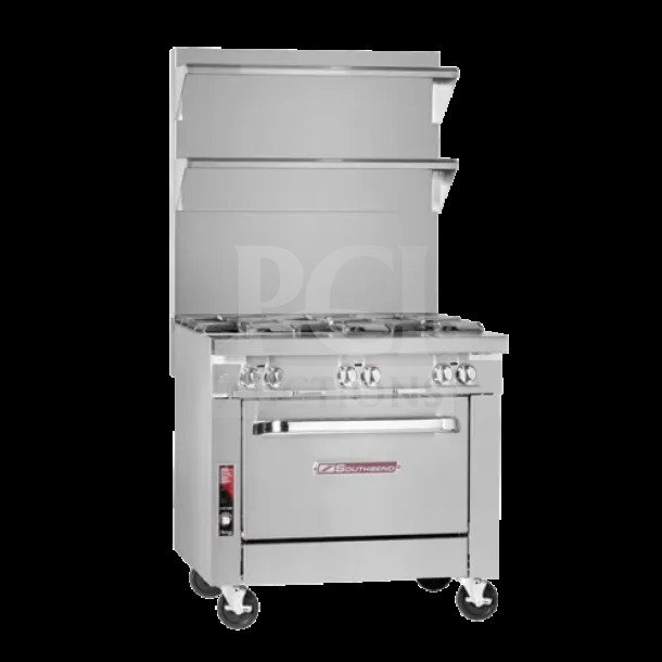 Brand new Southbend P36DXX stainless steel 36" 4-burner range/oven combo, natural gas, on casters, in box.