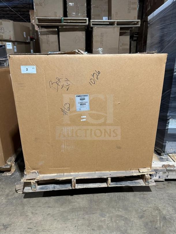 Southbend P36DXX commercial stainless steel gas range/oven, new in box. Model: P36D-XX. SN: 22K83344. On casters.