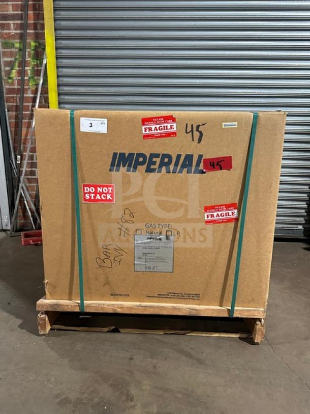 Brand new Imperial IHR-2FT stainless steel gas range/oven, 2-burner French top, in sealed box. Model: IHR2FT SN: 01364723.