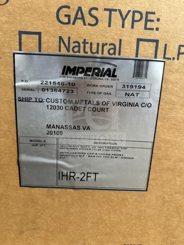 Brand new Imperial gas-powered 2-burner French top range/oven, model IHR-2FT, in box. Serial: 01364723.