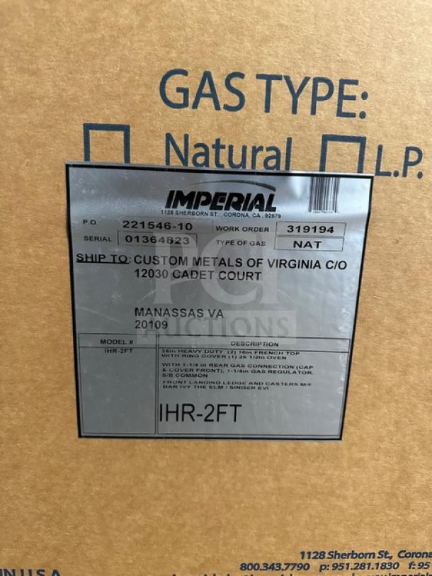 BRAND NEW Imperial IHR-2FT stainless steel 2-burner French top range/oven, natural gas, with ring cover, serial 01364723.